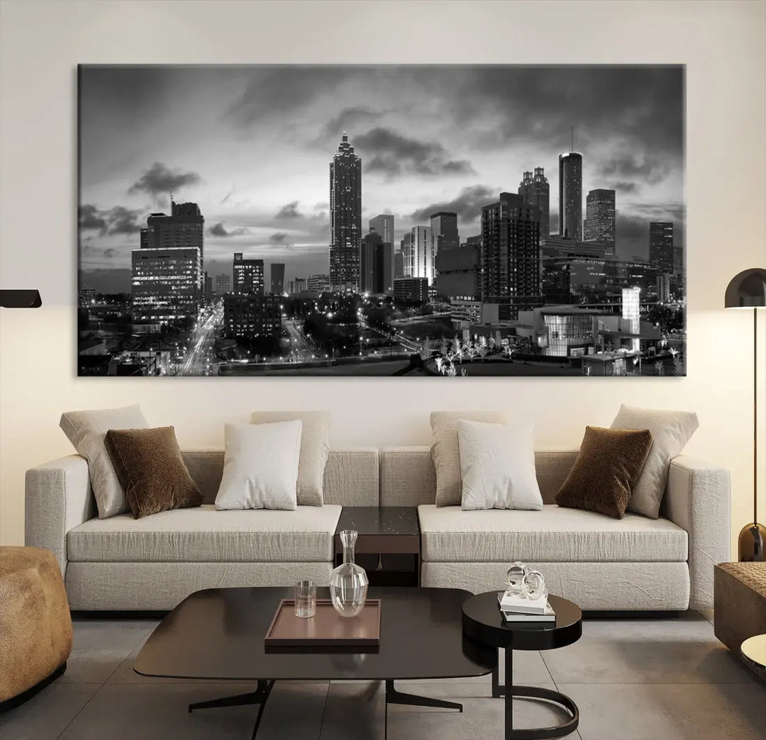 Black and White Atlanta City Skyline Wall Art Large Cityscape Canvas Print