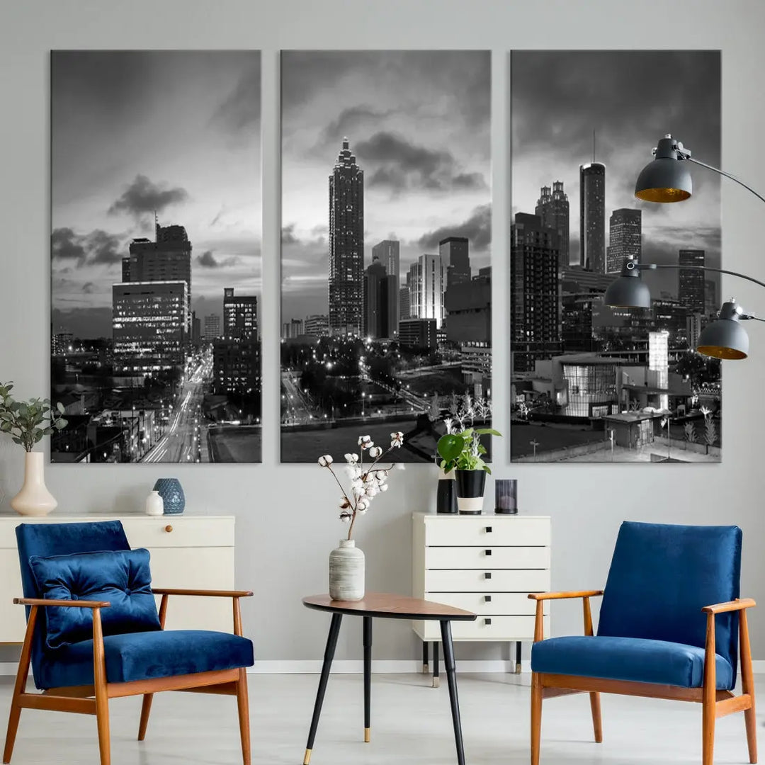 Black and White Atlanta City Skyline Wall Art Large Cityscape Canvas Print