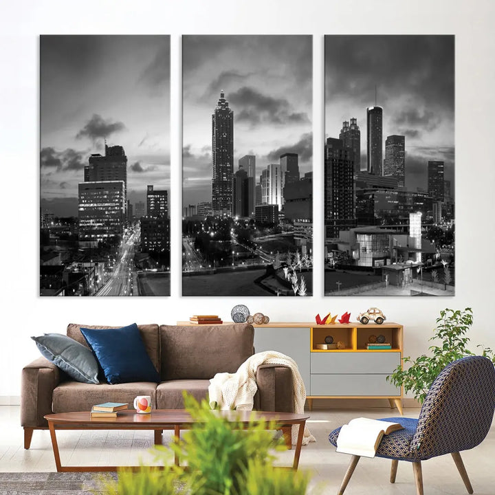 Black and White Atlanta City Skyline Wall Art Large Cityscape Canvas Print