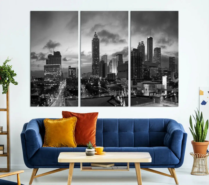 Black and White Atlanta City Skyline Wall Art Large Cityscape Canvas Print