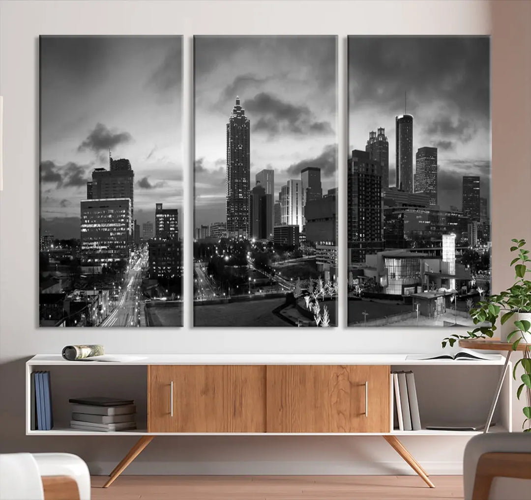 Black and White Atlanta City Skyline Wall Art Large Cityscape Canvas Print