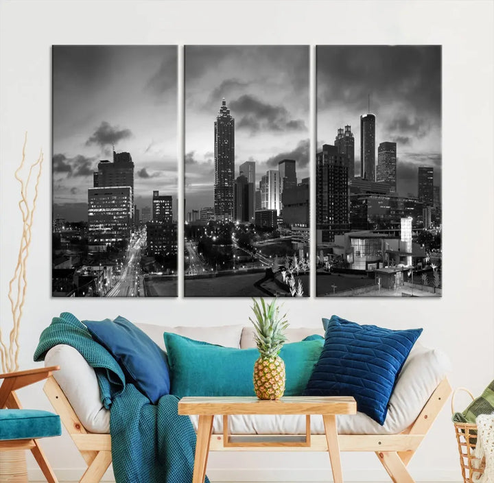 Black and White Atlanta City Skyline Wall Art Large Cityscape Canvas Print