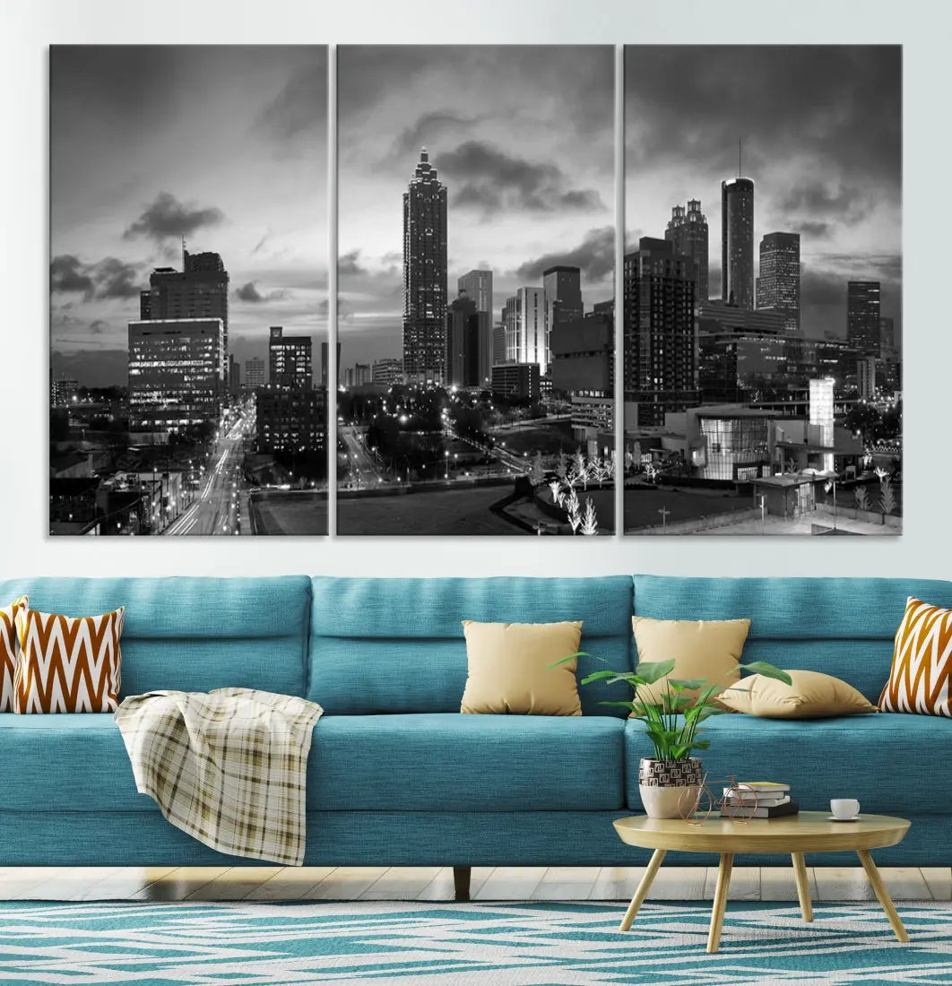 Black and White Atlanta City Skyline Wall Art Large Cityscape Canvas Print