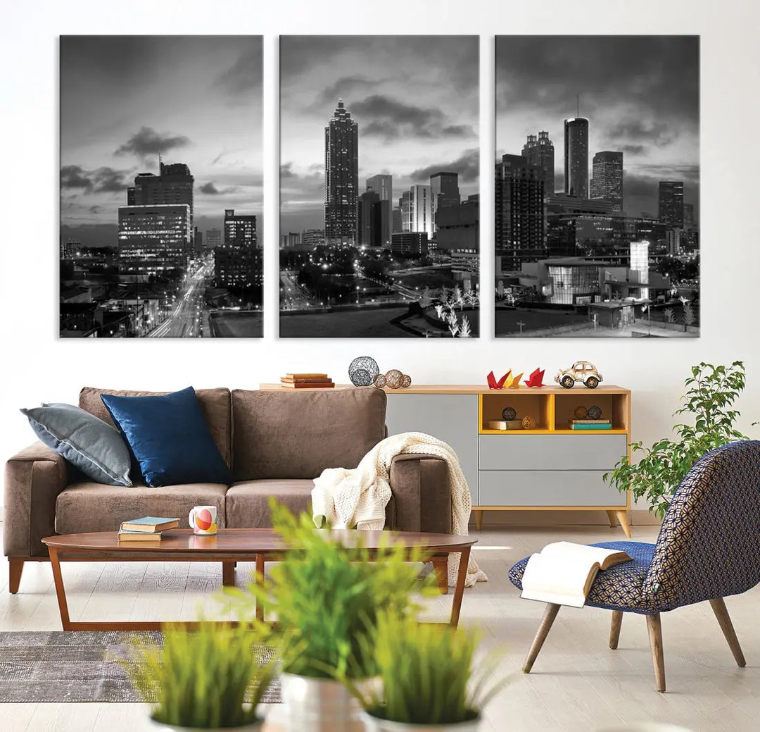 Black and White Atlanta City Skyline Wall Art Large Cityscape Canvas Print