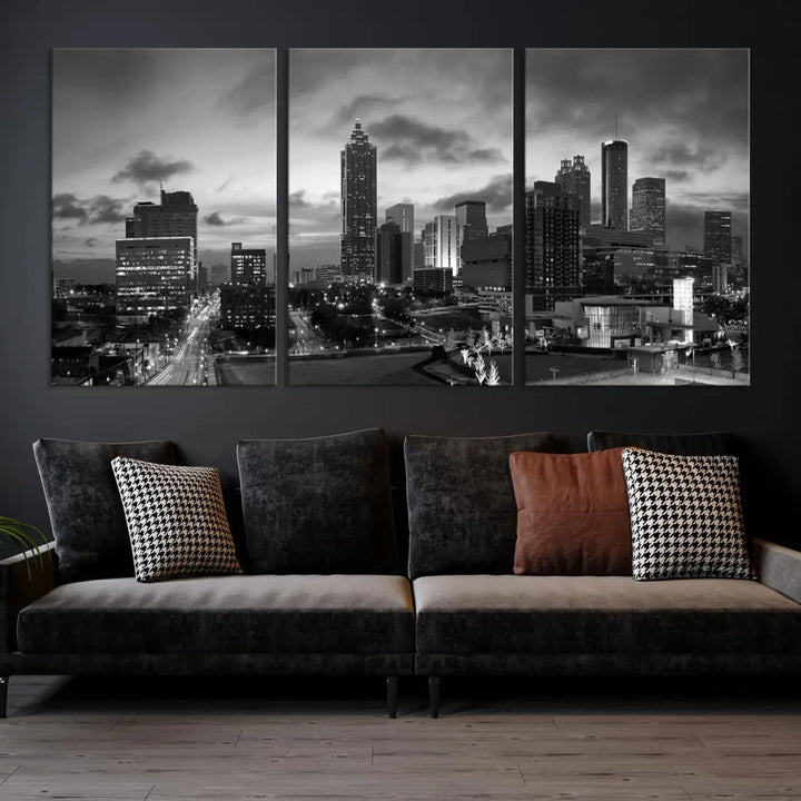 Black and White Atlanta City Skyline Wall Art Large Cityscape Canvas Print