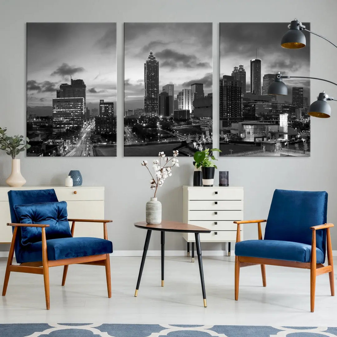 Black and White Atlanta City Skyline Wall Art Large Cityscape Canvas Print