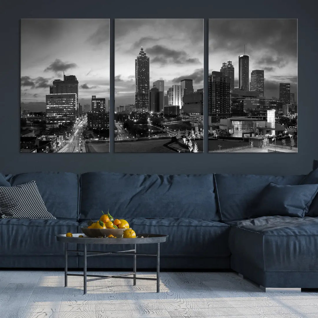 Black and White Atlanta City Skyline Wall Art Large Cityscape Canvas Print