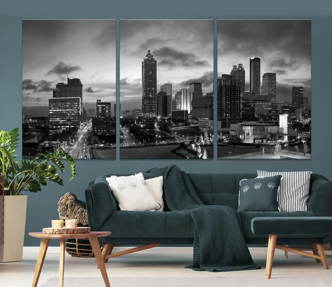 Black and White Atlanta City Skyline Wall Art Large Cityscape Canvas Print