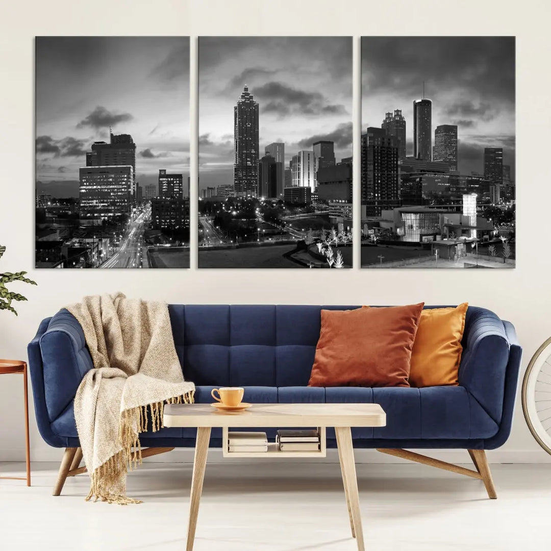 Black and White Atlanta City Skyline Wall Art Large Cityscape Canvas Print