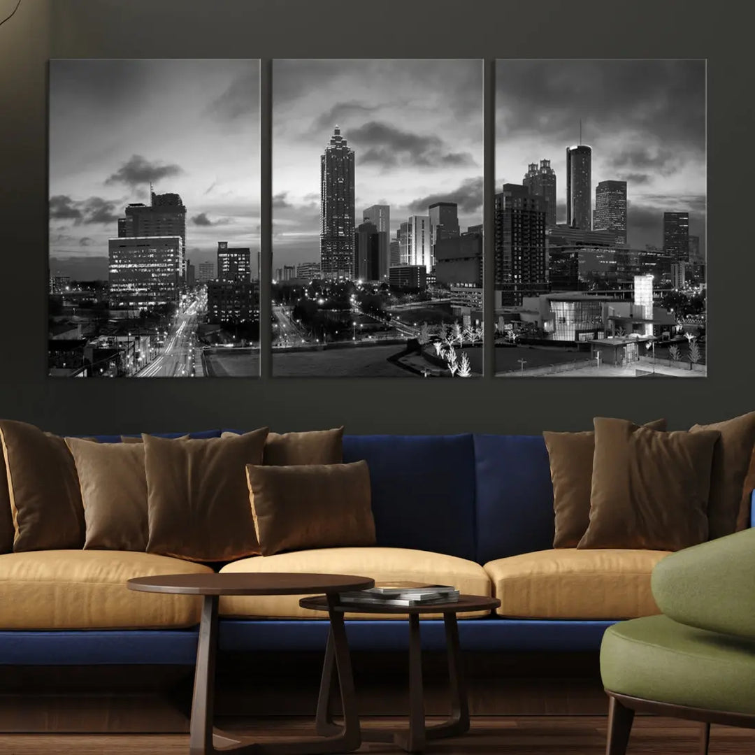 Black and White Atlanta City Skyline Wall Art Large Cityscape Canvas Print