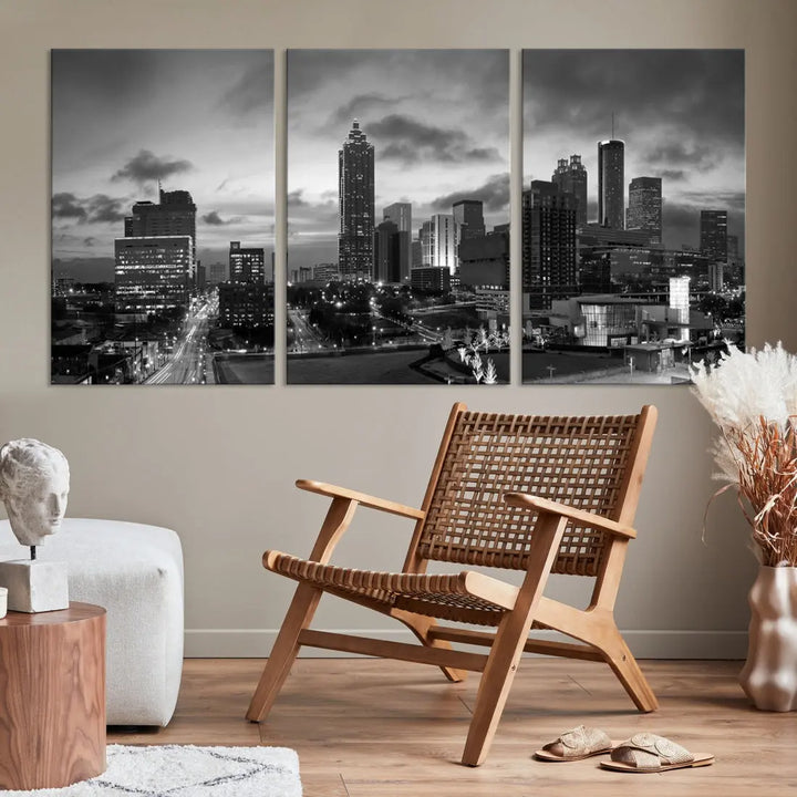 Black and White Atlanta City Skyline Wall Art Large Cityscape Canvas Print