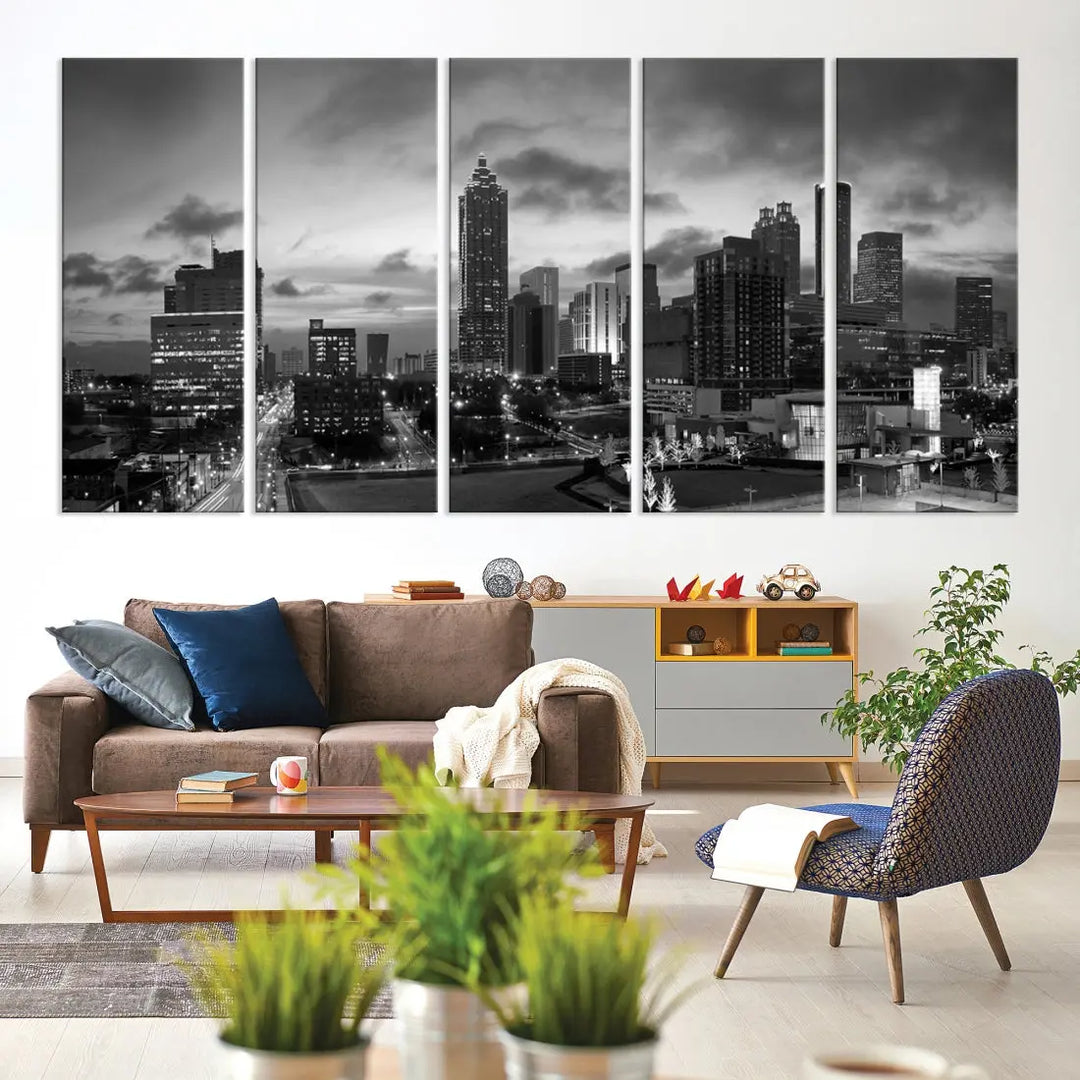 Black and White Atlanta City Skyline Wall Art Large Cityscape Canvas Print