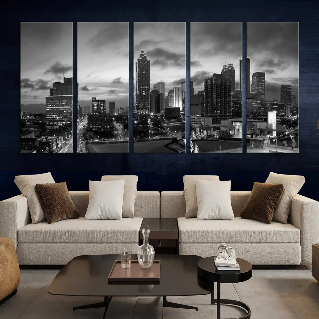 Black and White Atlanta City Skyline Wall Art Large Cityscape Canvas Print