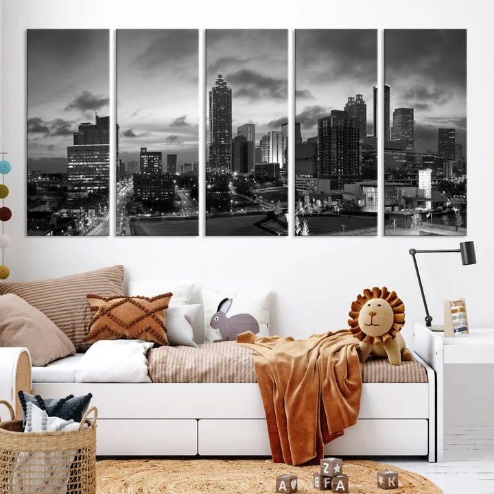 Black and White Atlanta City Skyline Wall Art Large Cityscape Canvas Print