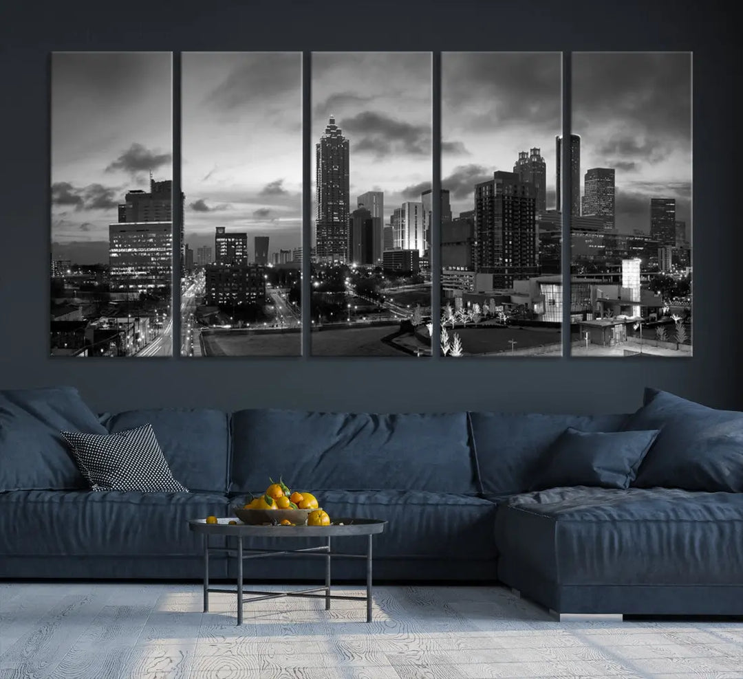 Black and White Atlanta City Skyline Wall Art Large Cityscape Canvas Print