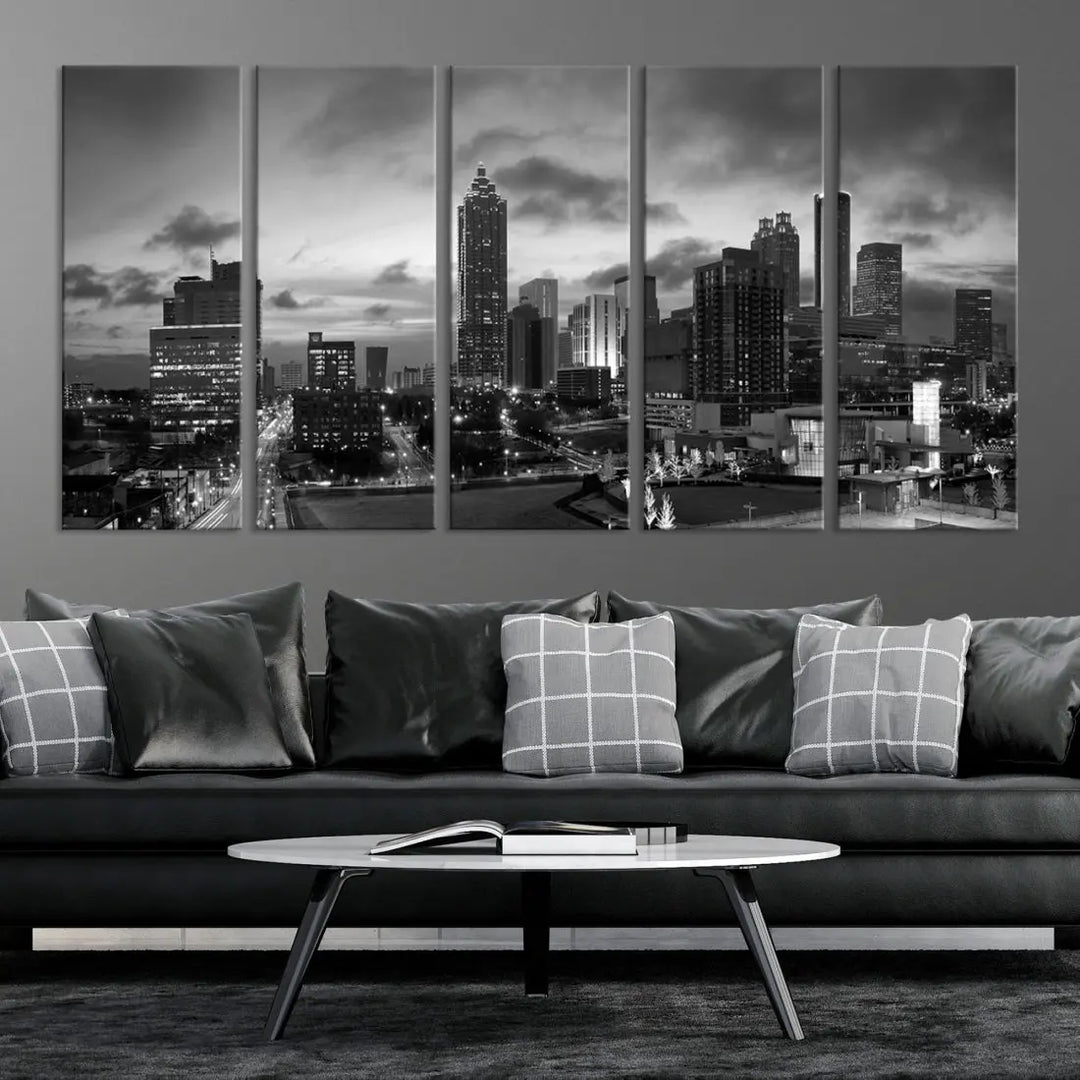 Black and White Atlanta City Skyline Wall Art Large Cityscape Canvas Print