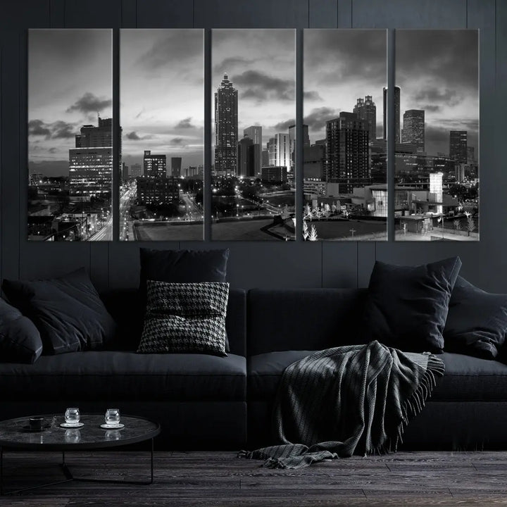 Black and White Atlanta City Skyline Wall Art Large Cityscape Canvas Print