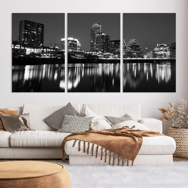 Black and White Austin City Lights Cityscape Skyline Wall Art Canvas Print