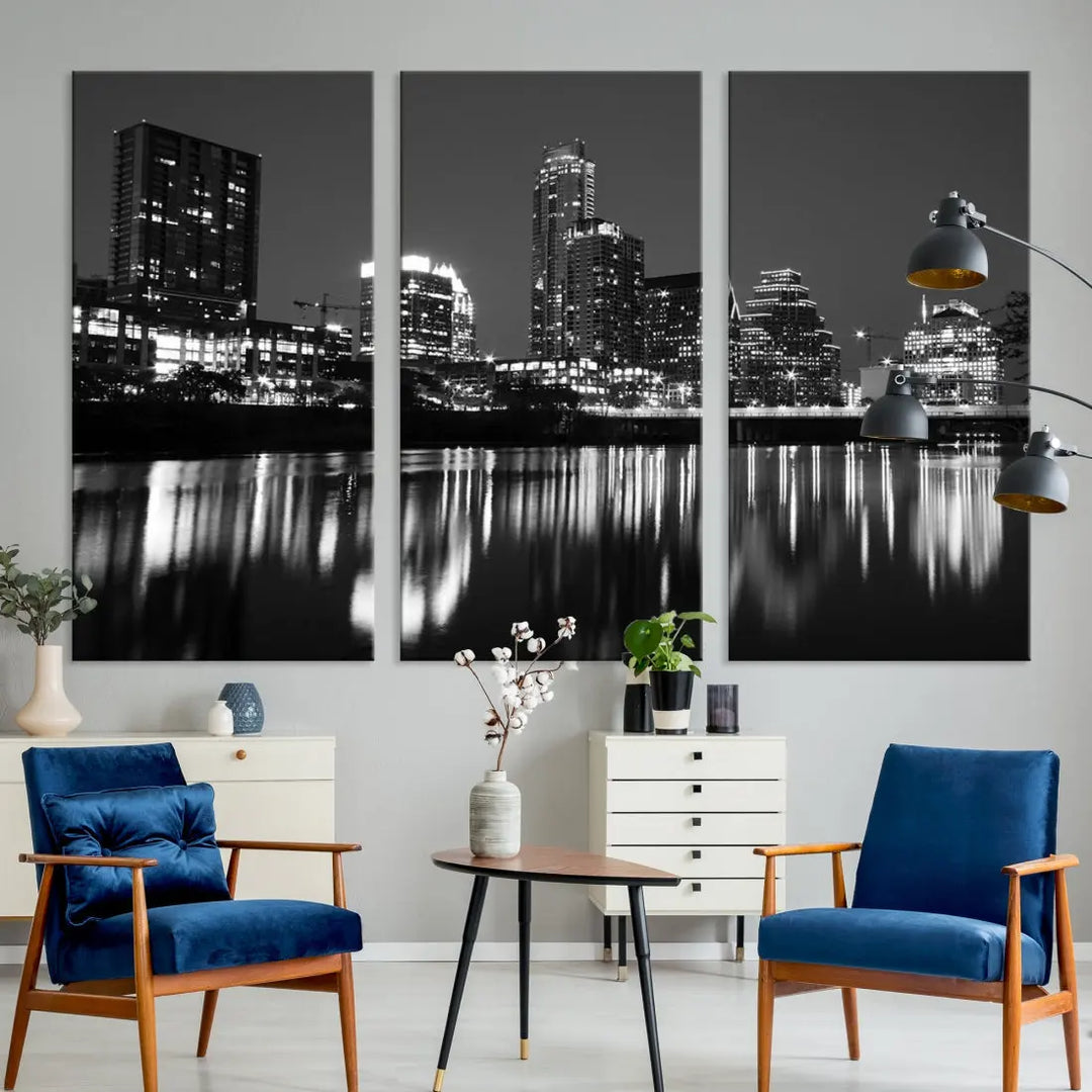 Black and White Austin City Lights Cityscape Skyline Wall Art Canvas Print