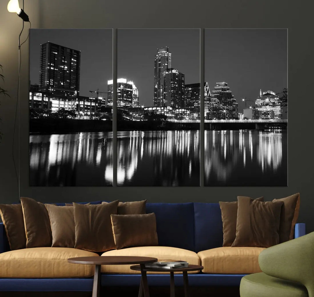 Black and White Austin City Lights Cityscape Skyline Wall Art Canvas Print