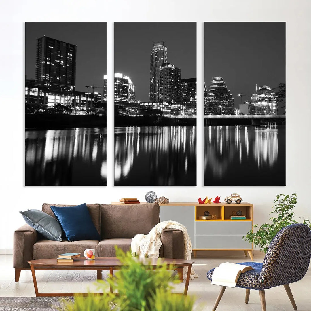 Black and White Austin City Lights Cityscape Skyline Wall Art Canvas Print