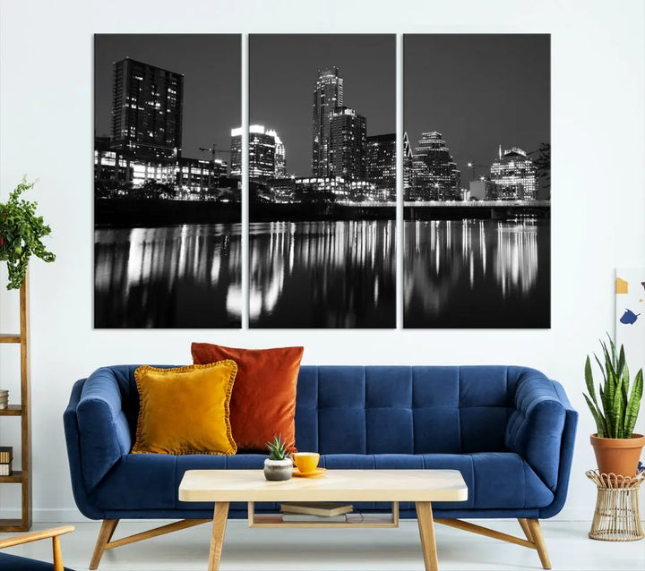 Black and White Austin City Lights Cityscape Skyline Wall Art Canvas Print