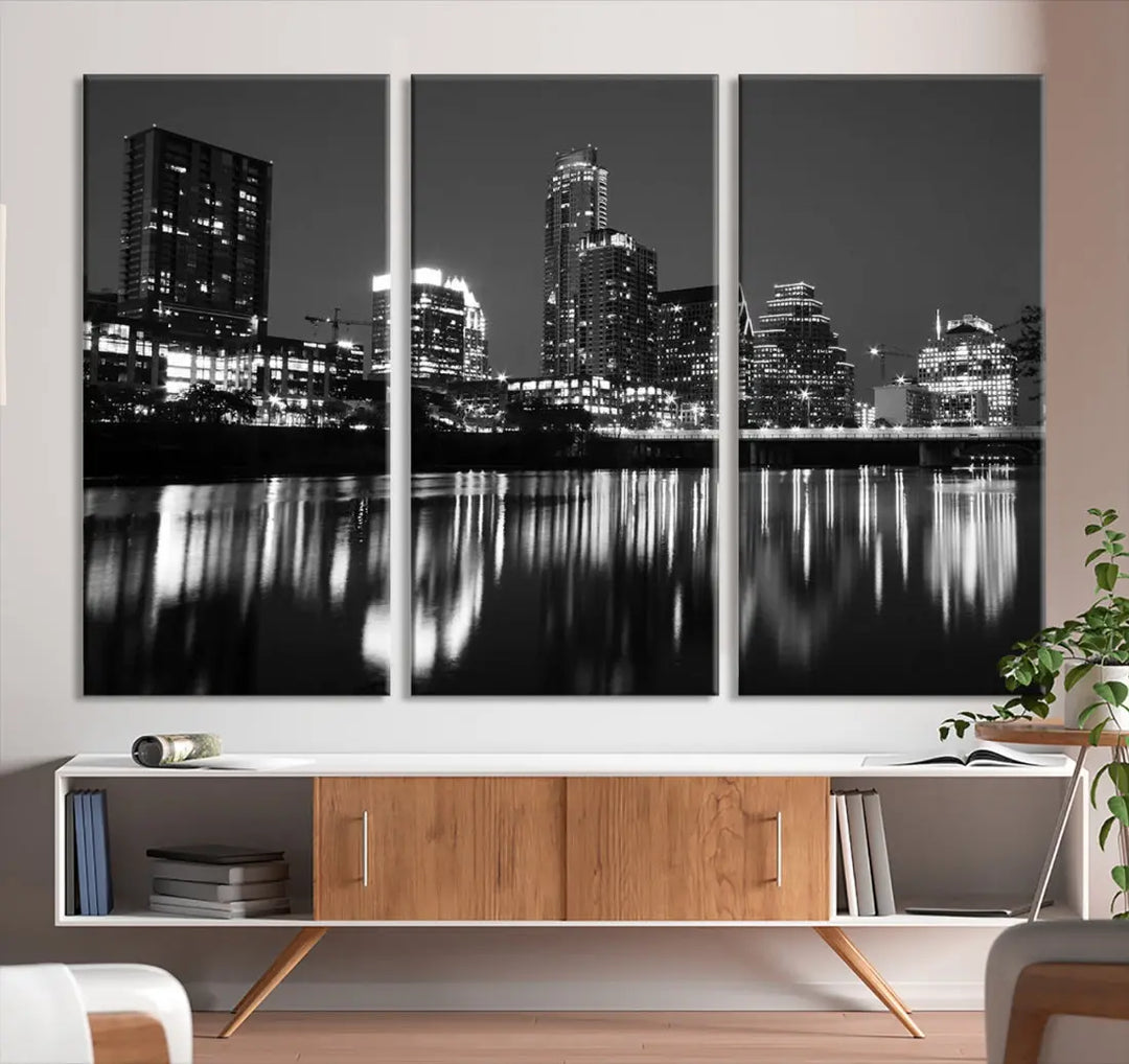 Black and White Austin City Lights Cityscape Skyline Wall Art Canvas Print