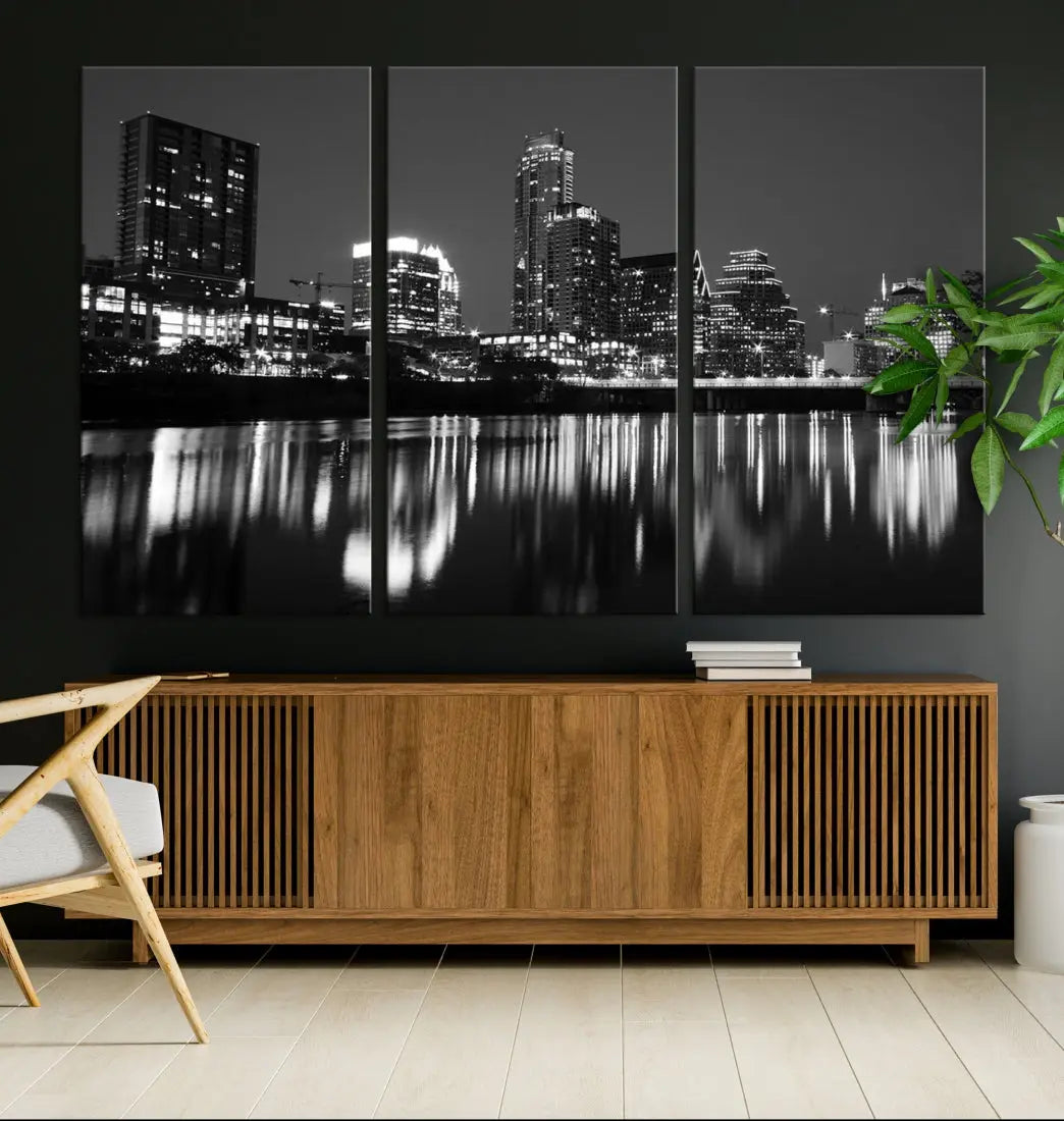 Black and White Austin City Lights Cityscape Skyline Wall Art Canvas Print