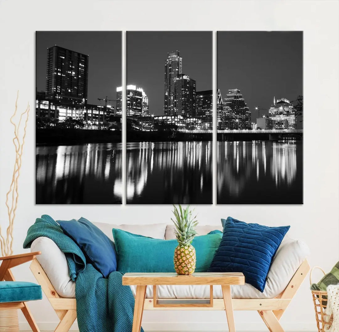 Black and White Austin City Lights Cityscape Skyline Wall Art Canvas Print