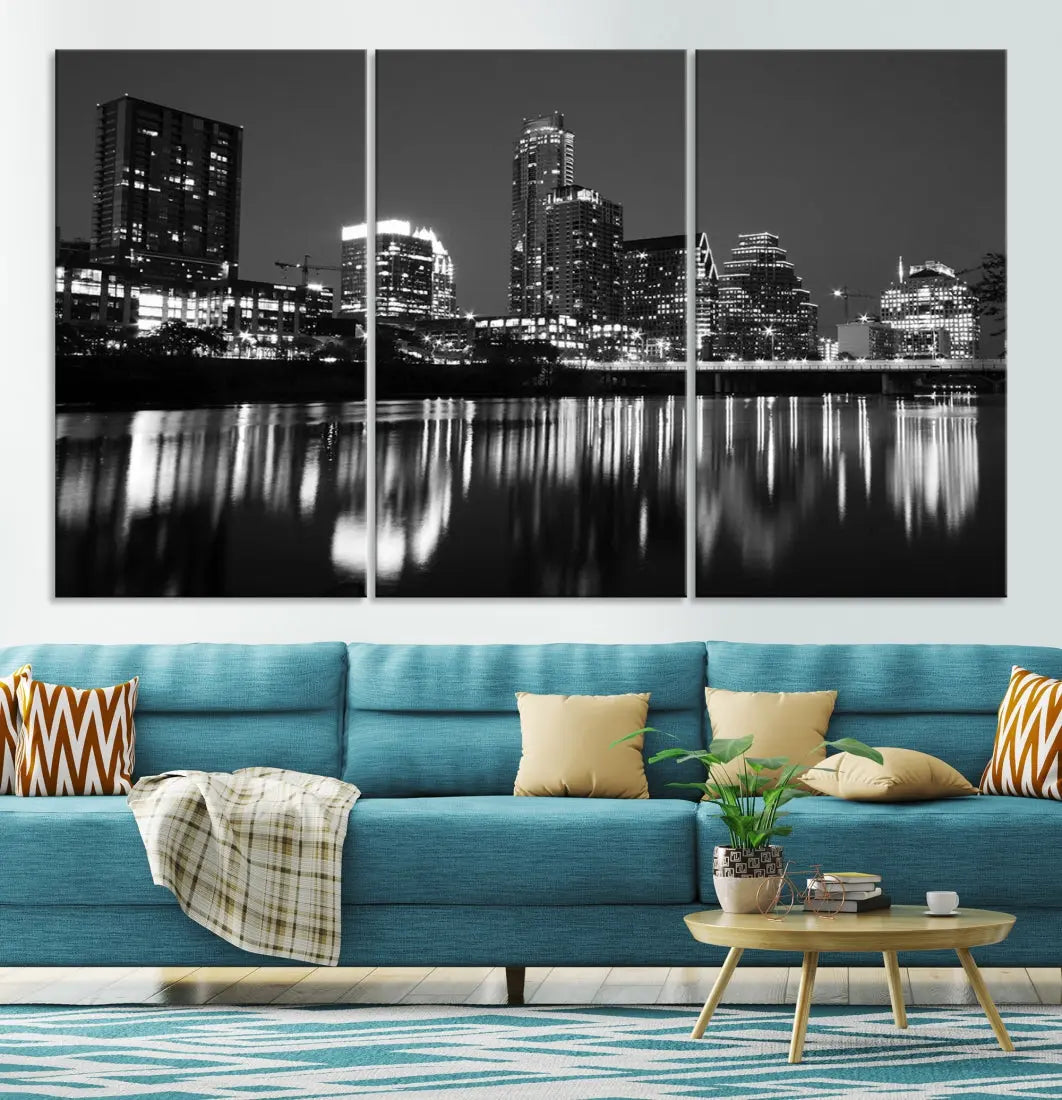 Black and White Austin City Lights Cityscape Skyline Wall Art Canvas Print