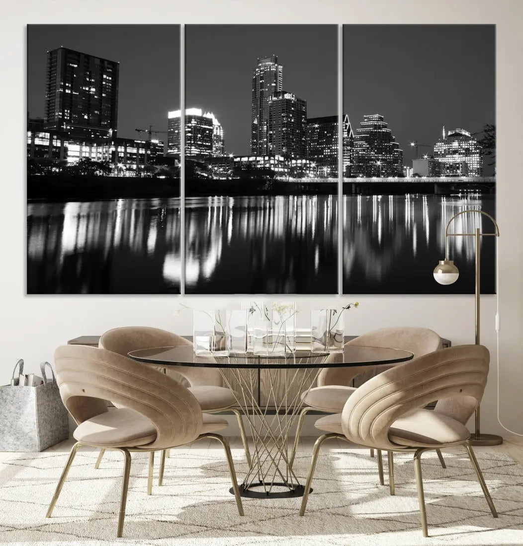 Black and White Austin City Lights Cityscape Skyline Wall Art Canvas Print