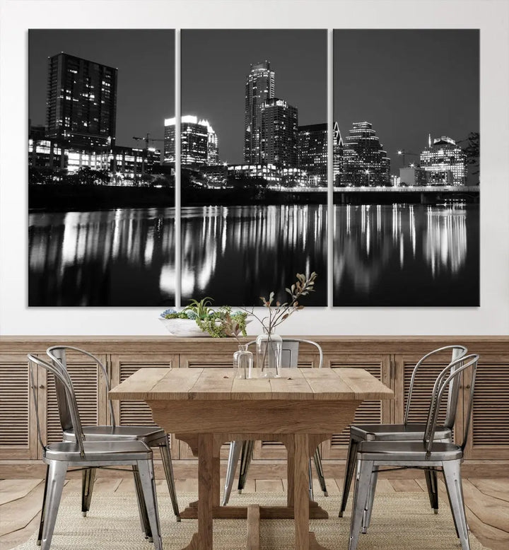 Black and White Austin City Lights Cityscape Skyline Wall Art Canvas Print