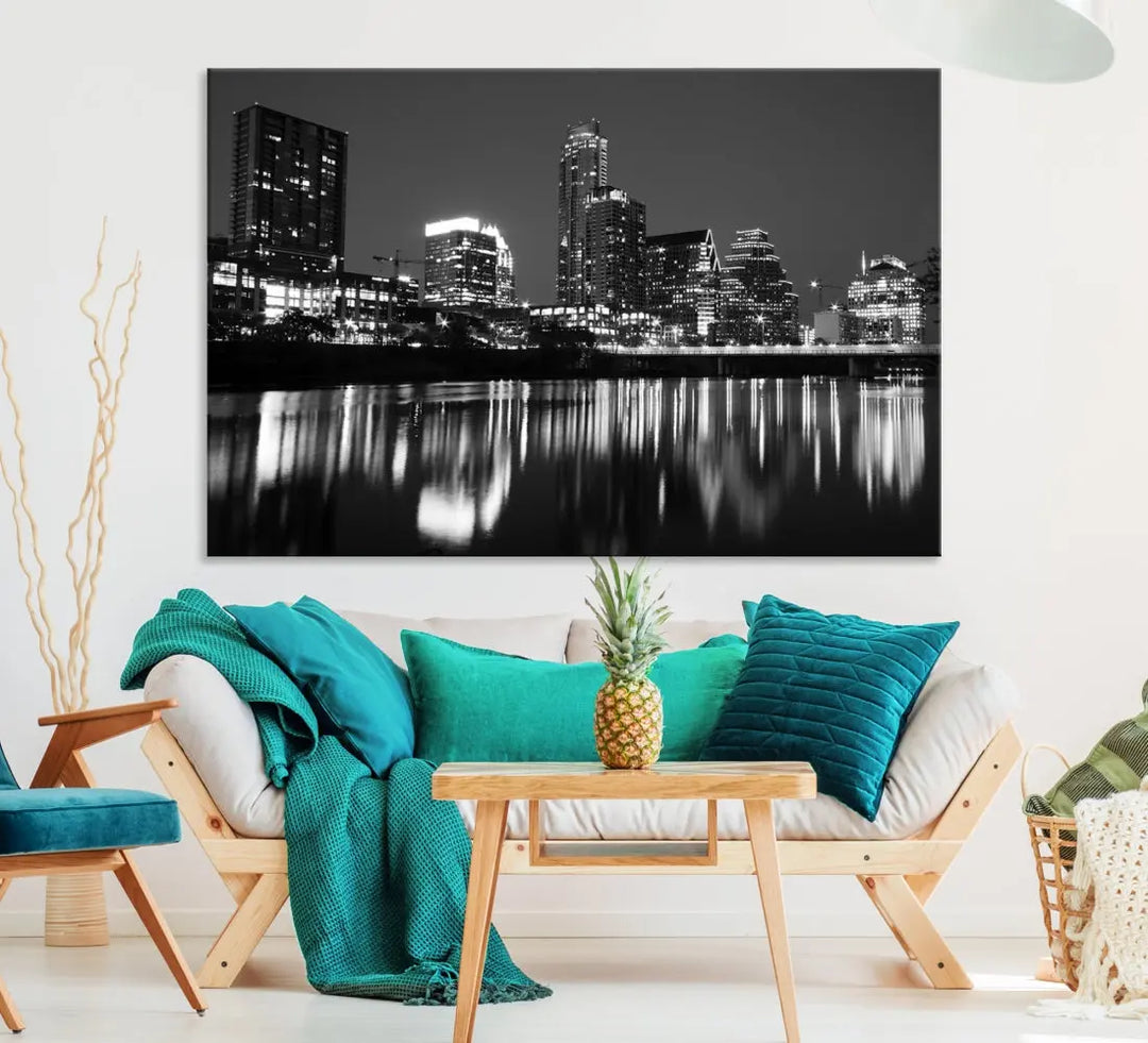 Black and White Austin City Lights Cityscape Skyline Wall Art Canvas Print