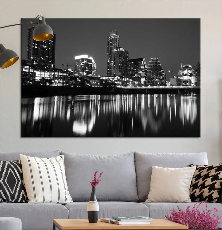 Black and White Austin City Lights Cityscape Skyline Wall Art Canvas Print