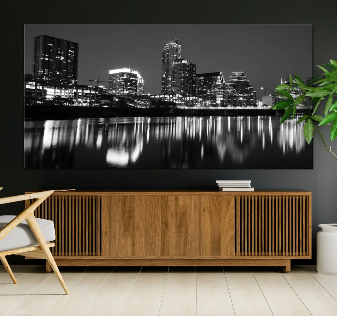 Black and White Austin City Lights Cityscape Skyline Wall Art Canvas Print