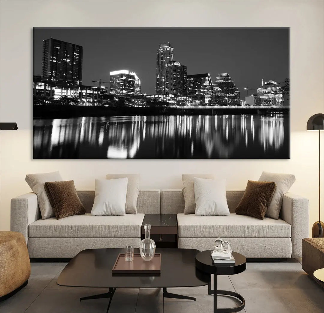 Black and White Austin City Lights Cityscape Skyline Wall Art Canvas Print