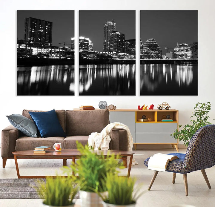 Black and White Austin City Lights Cityscape Skyline Wall Art Canvas Print