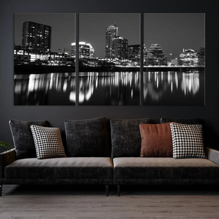 Black and White Austin City Lights Cityscape Skyline Wall Art Canvas Print