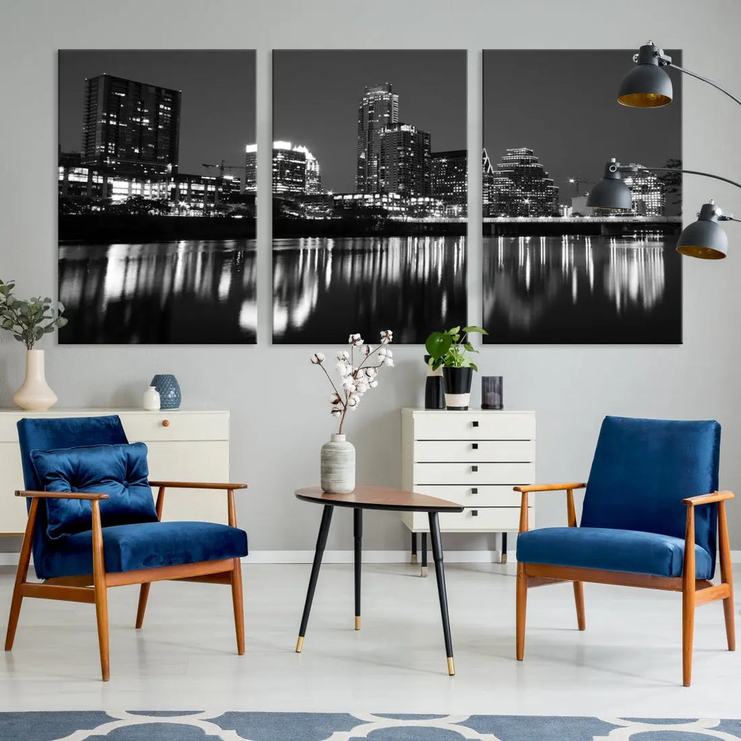 Black and White Austin City Lights Cityscape Skyline Wall Art Canvas Print