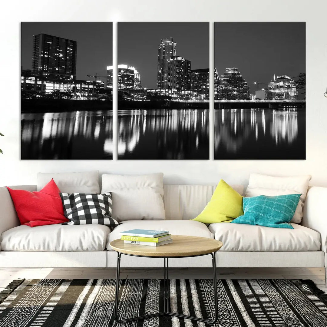 Black and White Austin City Lights Cityscape Skyline Wall Art Canvas Print