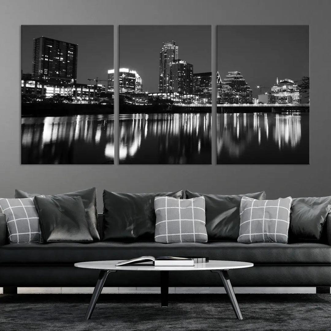 Black and White Austin City Lights Cityscape Skyline Wall Art Canvas Print