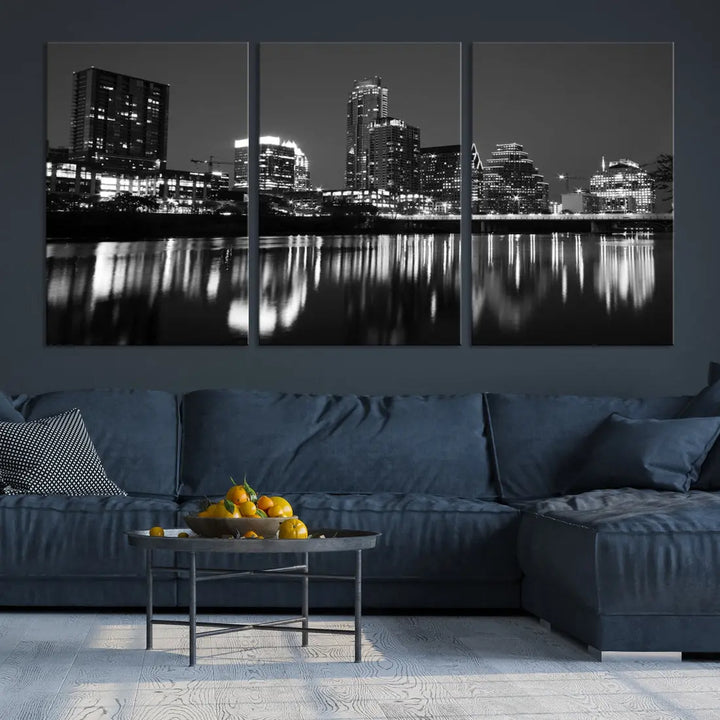 Black and White Austin City Lights Cityscape Skyline Wall Art Canvas Print