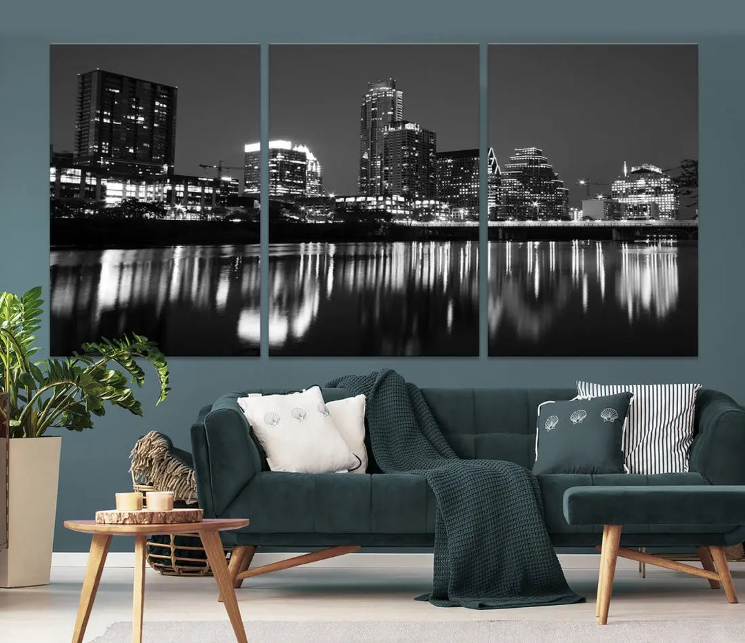 Black and White Austin City Lights Cityscape Skyline Wall Art Canvas Print