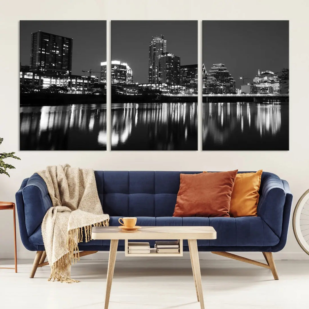 Black and White Austin City Lights Cityscape Skyline Wall Art Canvas Print