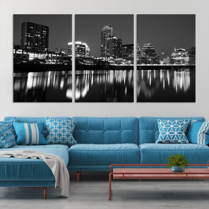 Black and White Austin City Lights Cityscape Skyline Wall Art Canvas Print