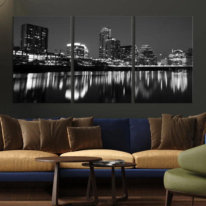 Black and White Austin City Lights Cityscape Skyline Wall Art Canvas Print