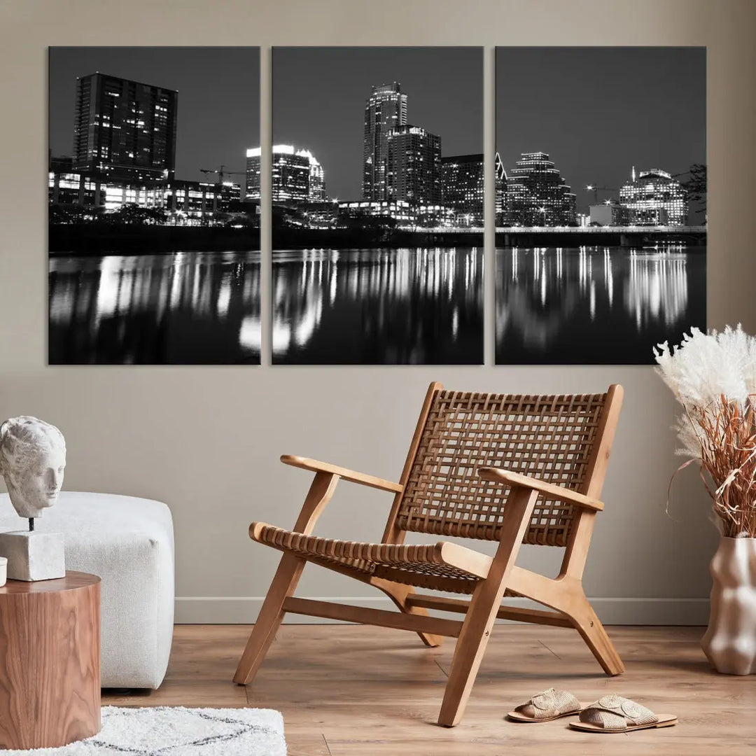 Black and White Austin City Lights Cityscape Skyline Wall Art Canvas Print