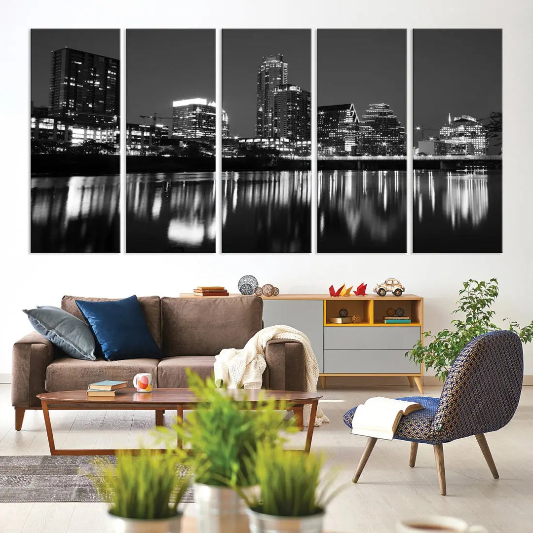 Black and White Austin City Lights Cityscape Skyline Wall Art Canvas Print