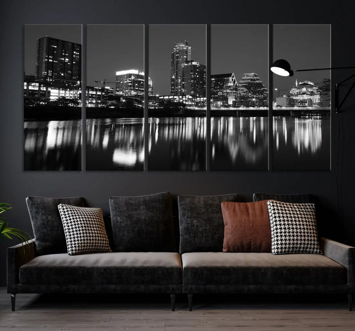 Black and White Austin City Lights Cityscape Skyline Wall Art Canvas Print