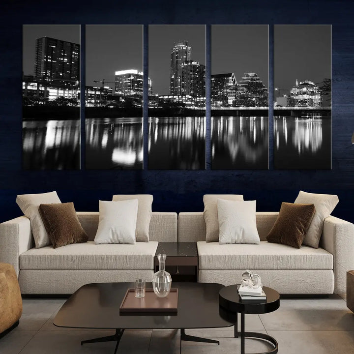 Black and White Austin City Lights Cityscape Skyline Wall Art Canvas Print